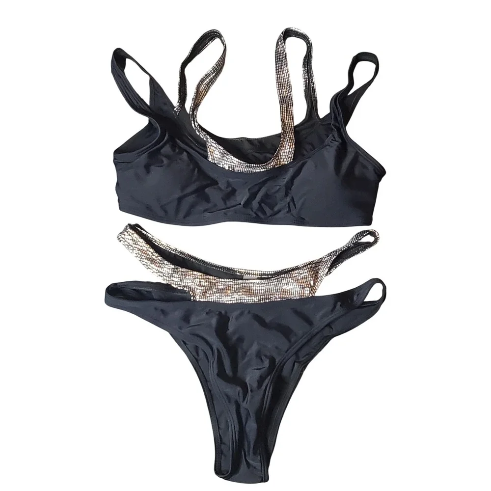 SHEIN Bikini Set Women Large Black Silver Metallic Layered‎ High Cut L